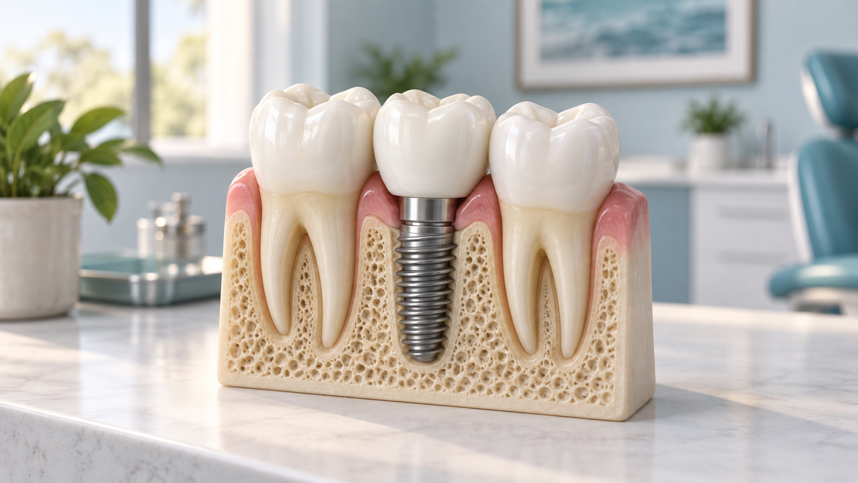 Cutaway illustration of a dental implant supporting a crown between two natural teeth.