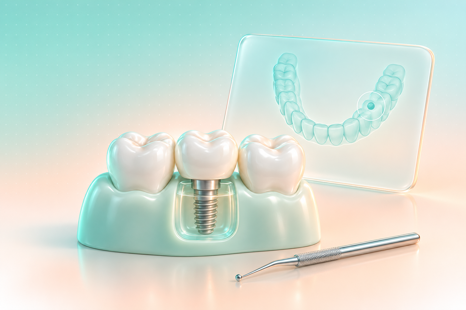 Illustrated dental implant study model beside a translucent planning screen.