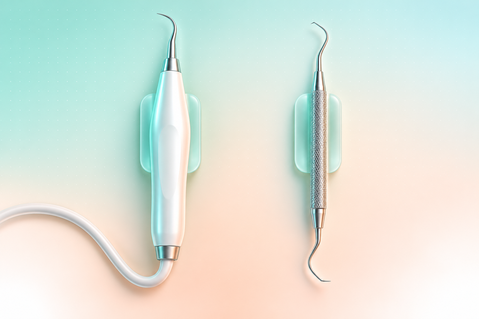Ultrasonic scaler handpiece on the left and a double-ended manual dental scaler on the right.
