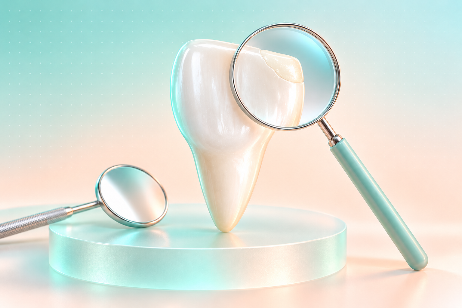 Magnifying glass inspecting the corner of a bonded front-tooth model, with a dental mirror beside it.