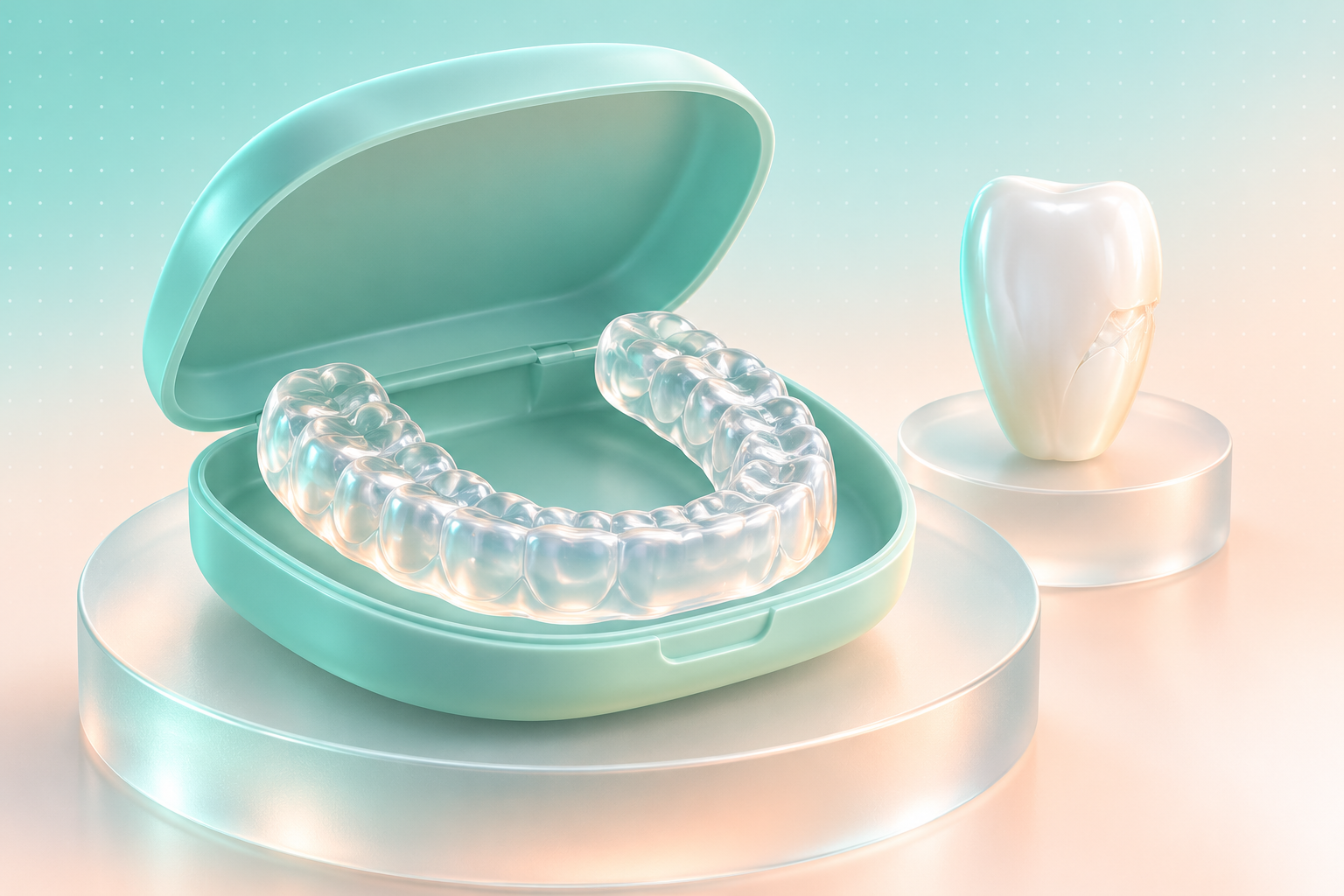 Transparent U-shaped dental night guard in an open mint storage case beside a front-tooth model.