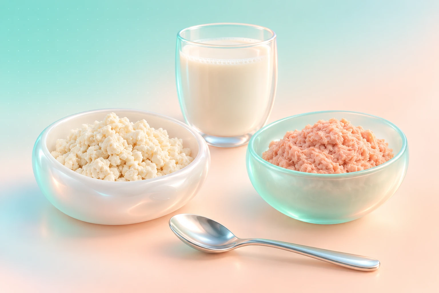 Soft non-dairy foods after implant surgery: crumbled tofu, mashed salmon and a glass of fortified soy milk