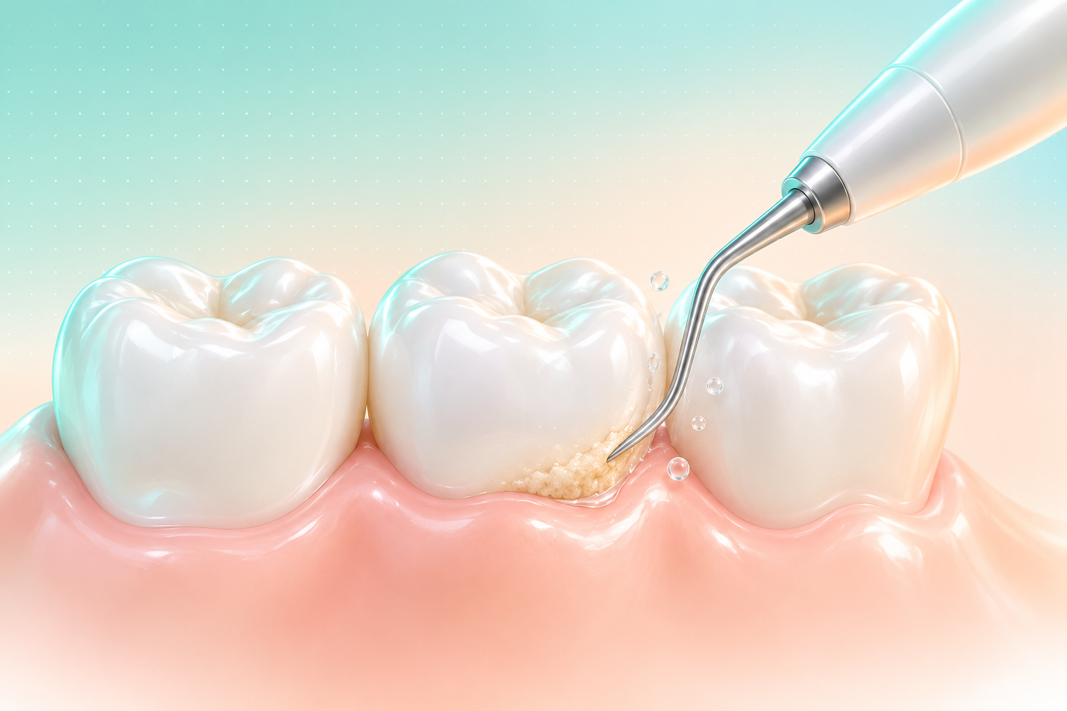 Conceptual illustration of an ultrasonic scaler beside a tartar deposit at the gumline of a dental study model.