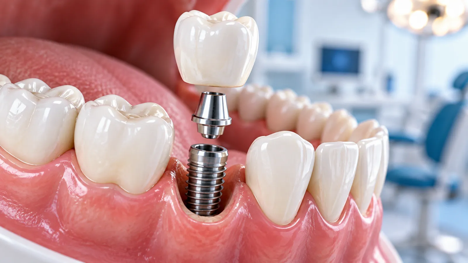Dental implant crown, abutment, and post positioned above a missing tooth space