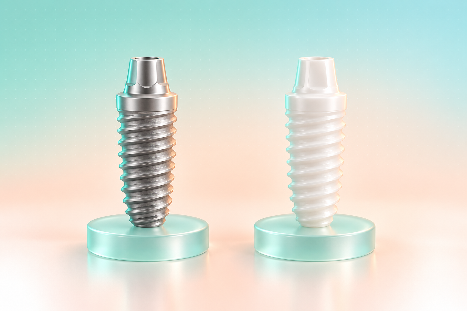 Silver titanium dental implant on the left and white zirconia implant on the right.