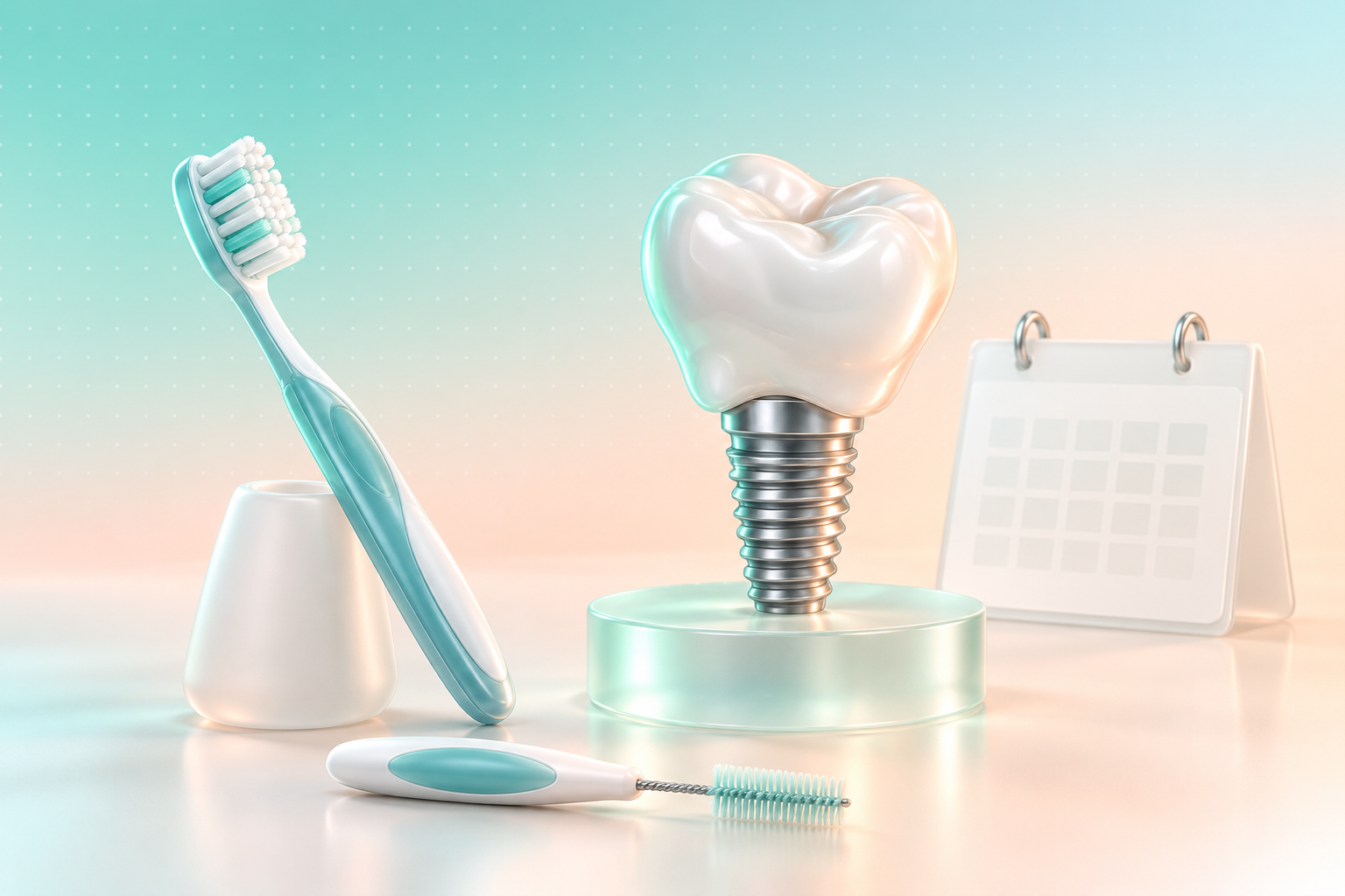 Dental implant illustration with a toothbrush, interdental brush and calendar.