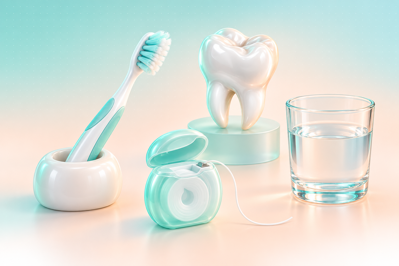 Soft-bristled toothbrush, floss dispenser and glass of water beside a natural-tooth model.