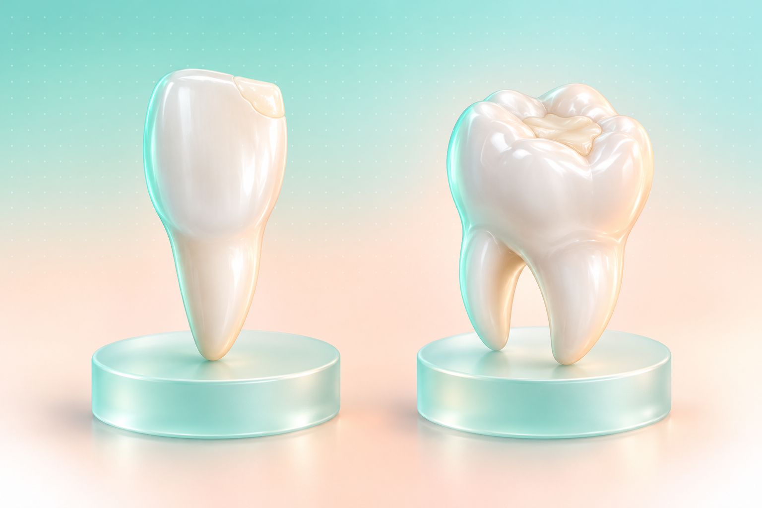 Illustrated front incisor on the left and molar on the right, showing subtle tooth-colored repairs on frosted mint pedestals.